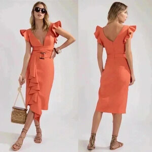 NWT Pat Bo Belted Midi Dress - Orange Coral Size 10 US